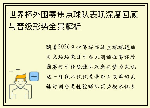 世界杯外围赛焦点球队表现深度回顾与晋级形势全景解析